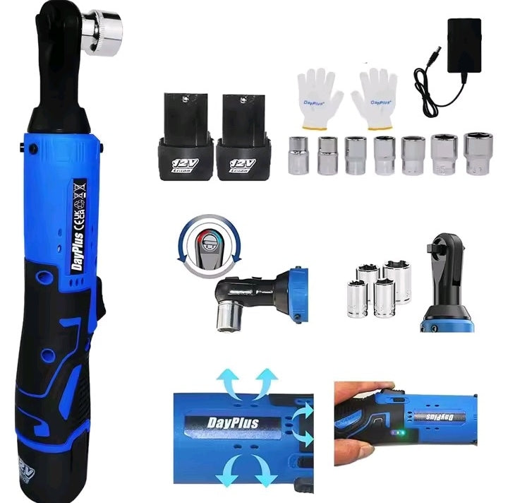 Clé à cliquet électrique sans fil DayPlus 12 V – Kit avec 2 batteries